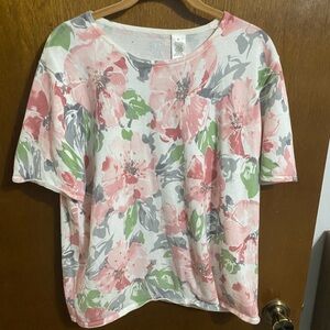 Alfred Dunner Floral Short Sleeve Top - Pink and Green